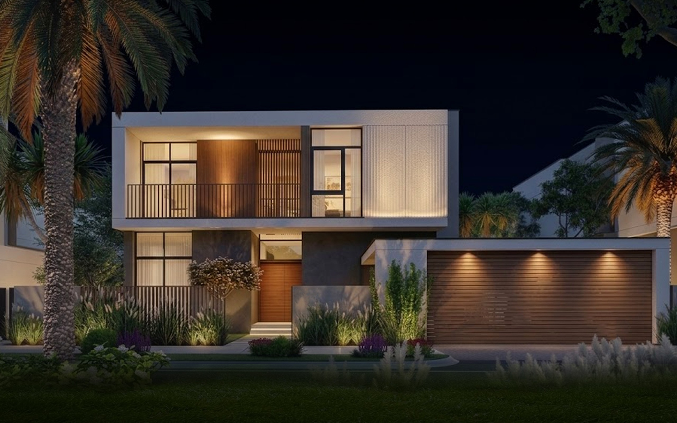 Modern two-storey villa at Tilal Al Furjan, Dubai, lit at night with facade, soffit and landscape lighting